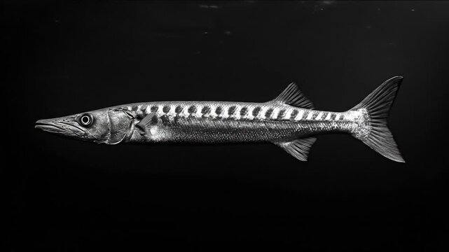 A sleek, monochrome depiction of a fish, set against a stark black backdrop. Its streamlined form suggests speed