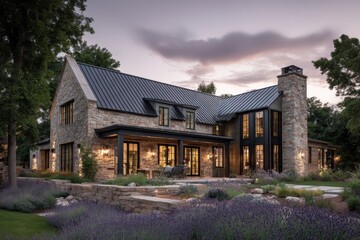 Obraz premium Modern house built with stone and metal roof located in a green area during the evening showing outdoor lighting and garden features