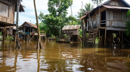 Fototapeta premium Stilt houses in a flooded area surrounded by lush greenery. The water reflects the structures, creating a serene landscape.