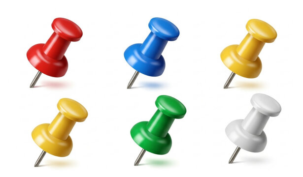 Realistic 3D Colorful Plastic Push Pin and Thumbtack Vector Set