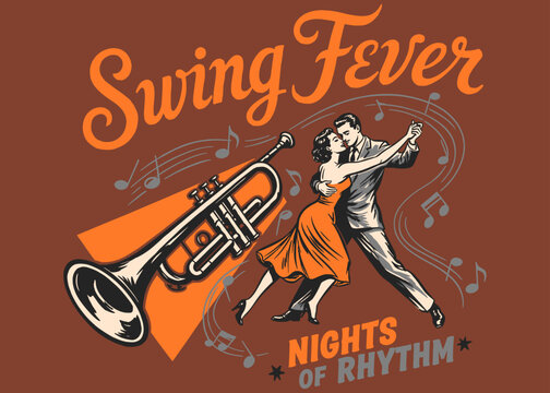 Swing Fever Nights of Rhythm retro poster with dancing couple, trumpet, and musical notes. Vintage style music event illustration.