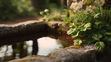 Fototapeta premium Sunlight illuminates a serene stone basin filled with tranquil water bordered by lush green plants and moss