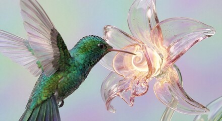 Fototapeta premium A hummingbird hovers near a delicate glass flower with a soft, pastel background.