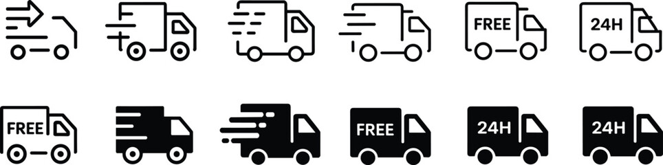 Delivery truck icon set featuring fast shipping, free delivery, and twenty four hour service symbols for logistics, transport, and ecommerce business. © SUMAIYA