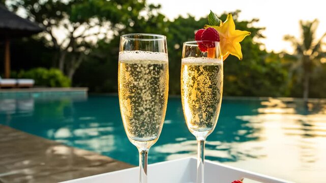 Champagne glasses by pool at sunset