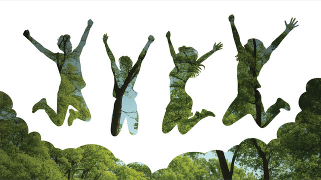 A digital artwork showing four silhouettes of jumping and celebrating people against a white background, filled with vibrant green foliage and trees (3)_traced