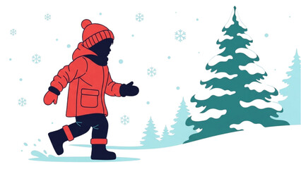 Naklejka premium Child in red winter jacket walking in snowy landscape with trees from side view