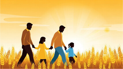 Family of four walking together in a field of wheat during sunset © Stock Image Paradise