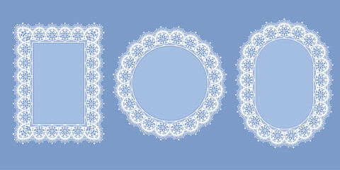 Set of seamless lace frames with floral motifs. Round, circle, rectangular backgrounds with lace edges. Cute floral design element for label, greeting card, tablecloth, napkin. Vector illustration © Pagina
