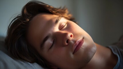 Naklejka premium Young person peacefully sleeping face softly illuminated by warm morning light