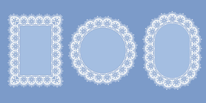 Set of seamless lace frames with floral motifs. Round, circle, rectangular backgrounds with lace edges. Cute floral design element for label, greeting card, tablecloth, napkin. Vector illustration