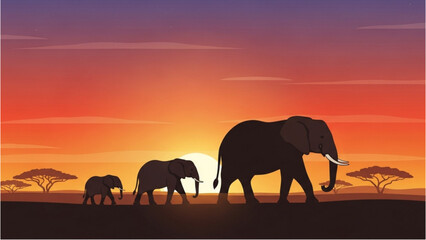 Fototapeta premium Serene sunset scene with elephants walking across savannah landscape during golden hour
