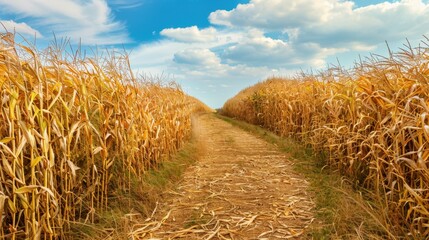 A dirt path runs through tall golden cornfields under a bright blue sky with fluffy white clouds. The scene captures the essence of rural agriculture.