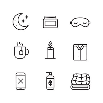 Collection of icons representing relaxation and bedtime routine elements for a peaceful night