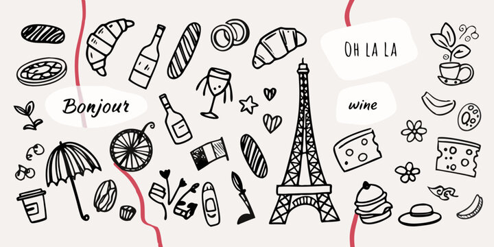 A whimsical hand drawn collection of french themed illustrations