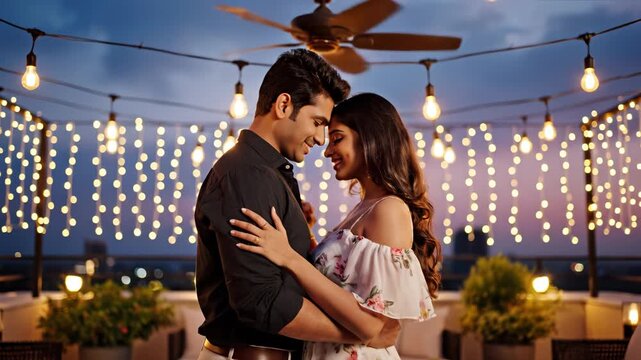 Couple dancing on rooftop at night