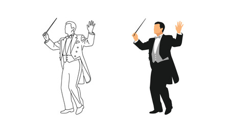 A conductor leading an orchestra shown in contrasting styles silhouette © mst