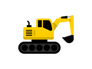 Naklejka premium A clean, minimalist flat illustration of a yellow hydraulic excavator on crawler tracks. The design features bold colors and simplified geometric shapes, commonly used for icons.