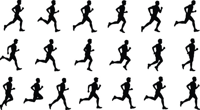 Silhouette running cycle profiles, athlete motion sequence, human stride biomechanics, sports training icons, cad drawing flat vector illustration for animation and design