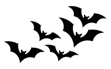 Silhouette of bats flying in formation at dusk