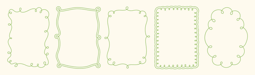 Vintage hand drawn squiggle frames. Wavy, curly line doodle frames set. Retro oval and rectangular line art borders.