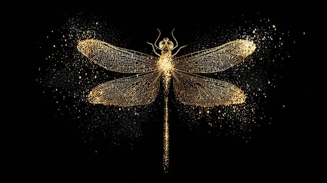 Golden dragonfly illustration on black background, shimmering details and delicate wing structure