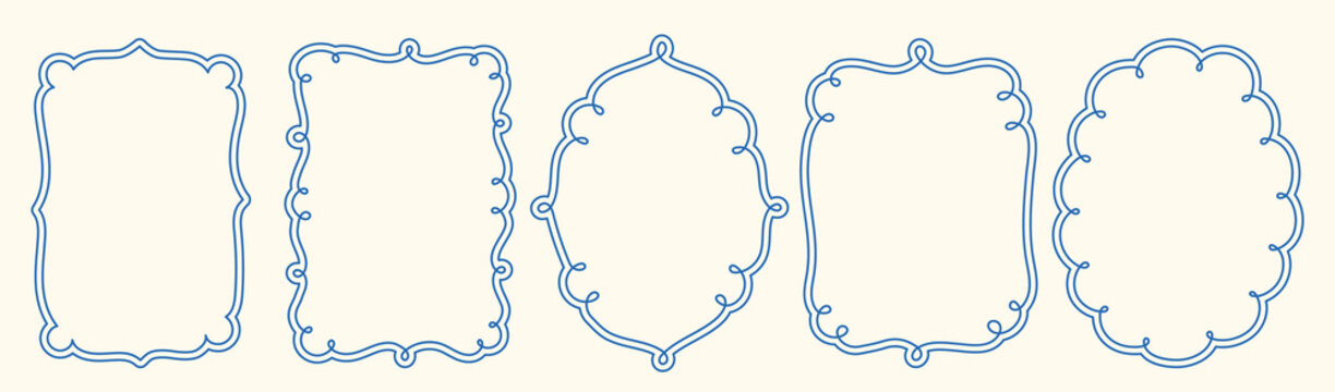 Vintage hand drawn wavy doodle frames. Squiggly, curly line scallop doodles. Retro coastal Mediterranean style borders.