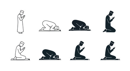 Praying muslim man in various positions a striking black silhouette © mst