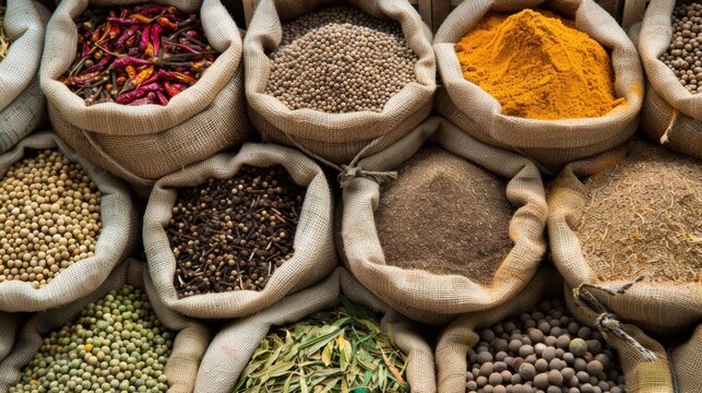 A variety of spices in burlap sacks arranged neatly. The scene showcases colorful spices like turmeric, cumin, and coriander, highlighting culinary diversity.