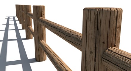 Obraz premium Rustic wooden fence with thick posts and rails showing weathered texture and strong shadow lines against white background