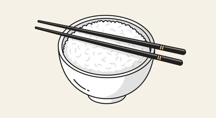 A bowl of white rice with chopsticks resting on top, viewed from directly above in a minimalist illustration style