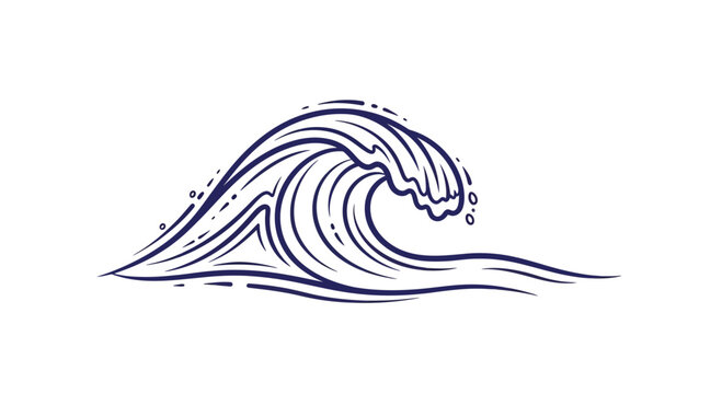 A large ocean wave illustration with dynamic motion and splashing water, depicted in a simple line art style from a side viewpoint