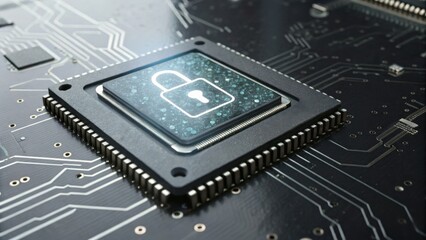 A close-up of a microchip on a circuit board with a glowing lock symbol representing cybersecurity and data protection.