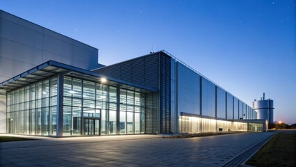 Fototapeta premium Modern industrial building with glass facade illuminated at dusk under a clear sky.