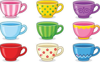 Colorful teacup collection illustration with diverse patterns and vibrant designs in grid layout, kitchenware art, ceramic mug decoration, playful beverage container vector