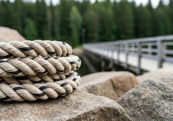 Naklejka premium A thick coiled rope sits on a large rock near a wooden bridge and a dense green forest.