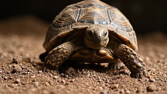 Tortoise Moving on Dry Ground Slowly.
