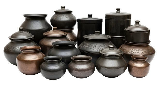 Collection of traditional metal containers with lids in various sizes and designs