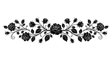 A decorative floral arrangement of black roses and swirling vines presented as a striking silhouette high quality professional detailed modern elegant © CreativeAkash099