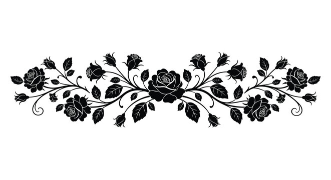A decorative floral arrangement of black roses and swirling vines presented as a striking silhouette high quality professional detailed modern elegant