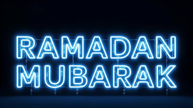 Animated Blue Neon Sign with Text Ramadan Mubarak Glowing in Darkness, Festive Islamic Greeting