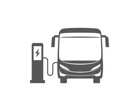 Electric bus connected to charging station. Editable vector illustration.