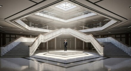 Fototapeta premium Modern architectural interior with a person standing on a stage sunlight