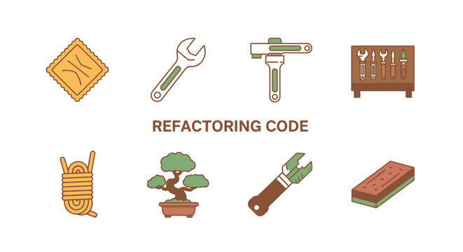 Collection of 6 flat vector icons representing Refactoring Code for software optimization design