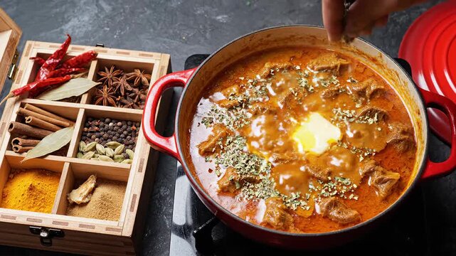 Adding dried herbs to a rich, simmering beef curry in a Dutch oven with a side of aromatic spices