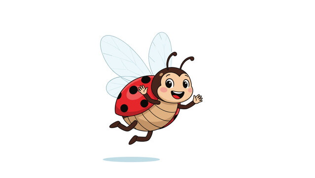 Cheerful cartoon ladybug with a red shell and black spots flies through the air with its wings spread and a happy expression.