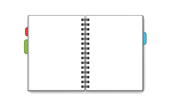 Open spiral notebook with blank white pages and colorful side tabs is shown from a top view against a simple white background.