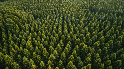 Aerial view of a dense forest with numerous green pine trees. The landscape showcases a rich variety of tree heights and textures, emphasizing nature's beauty.