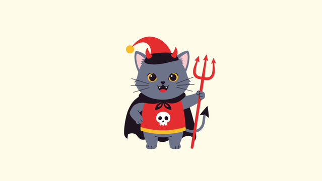 Mischievous dark grey cat dressed in a red devil costume with horns, a trident, and a small skull necklace emblem.