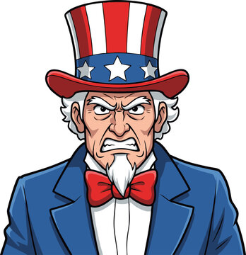 Angry Uncle Sam Cartoon Character with Patriotic Hat and Bowtie.
